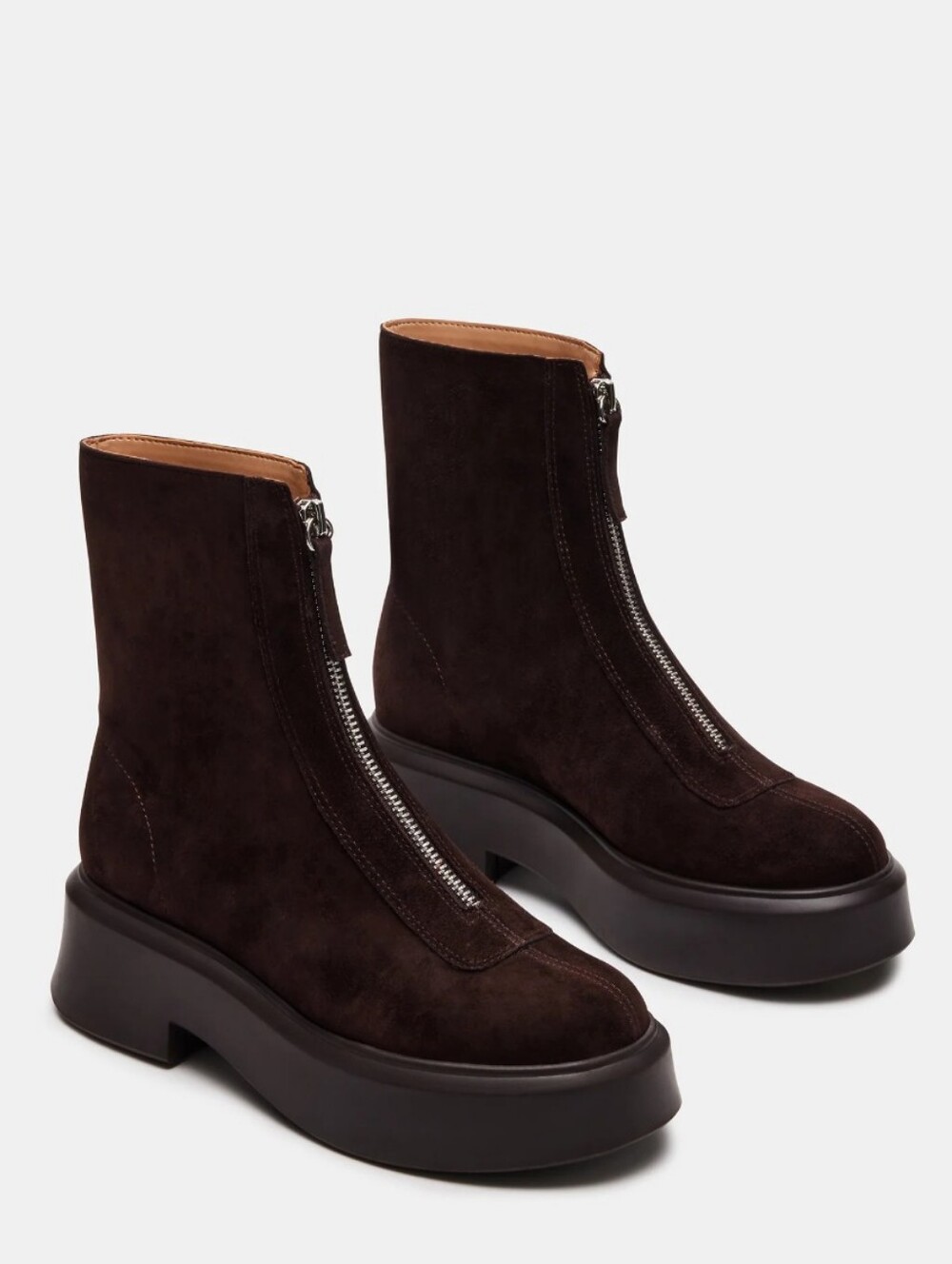 Women’s Dark Brown Suede Front-Zip Platform Ankle Boots 7